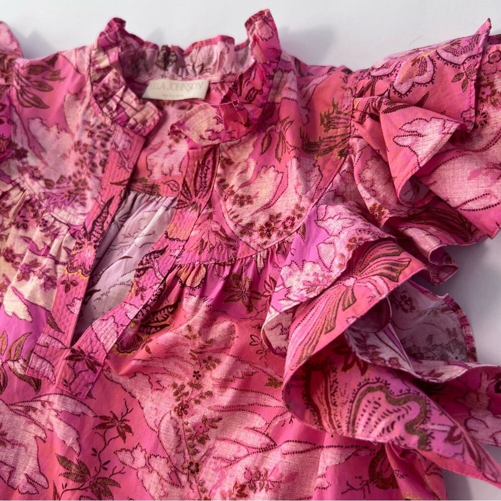 New Ulla Johnson Lei Ruffled Printed Cotton-poplin Blouse In Camellia Pink Sz 0 - Picture 4 of 6